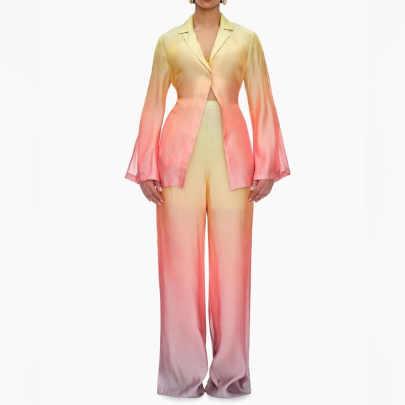 Andrea Iyamah Gradient Yellow and Pink Satin Set, Size S